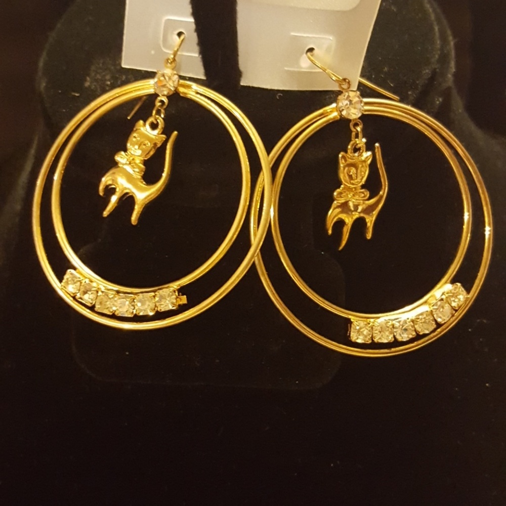 Kitty cat rhinestone double hoop earrings